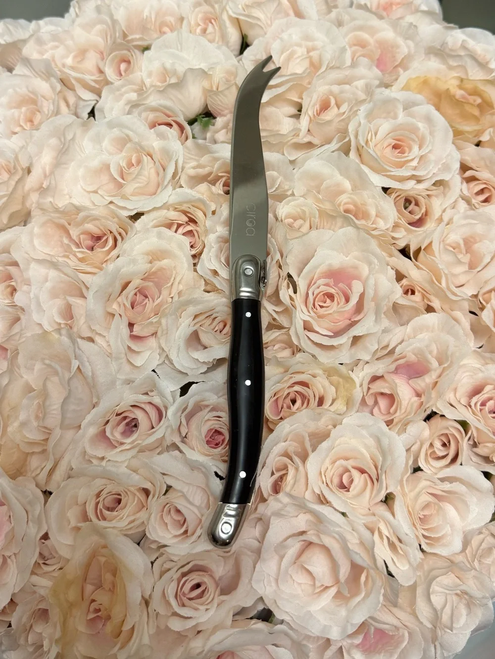 Black-Handled Cheese Knife Set with Purple Grape Spreader